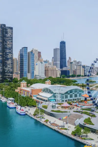 Aerial view of Navy Pier and the Chicago skyline along Lake Michigan on a clear day.